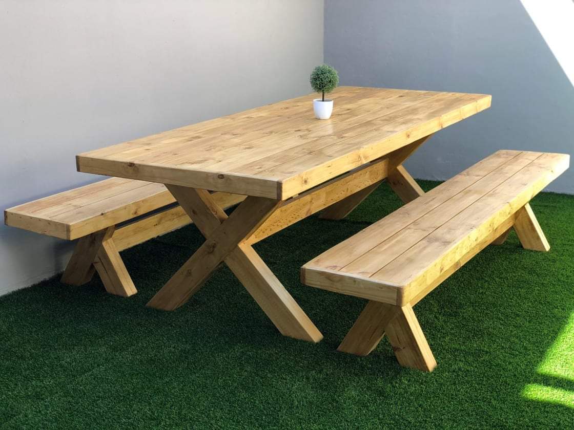 wood tables and benches